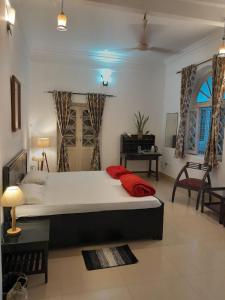 une chambre avec un grand lit dans une pièce dans l'établissement Colonial Heritage Bungalow, à Prayagraj