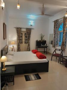 une chambre avec un grand lit dans une pièce dans l'établissement Colonial Heritage Bungalow, à Prayagraj