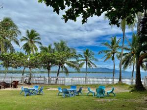 a group of chairs sitting on the grass near the water at Beachfront House in Dahican in Mati