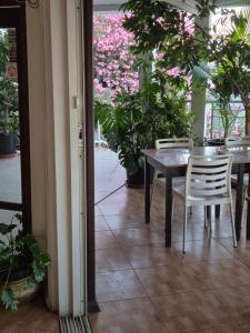 a table and chairs in a room with plants at Myriama Apartments in Ayia Napa