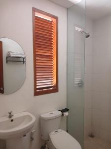 een badkamer met een toilet, een wastafel en een spiegel bij Bali Oma Living in Denpasar +13 foto's