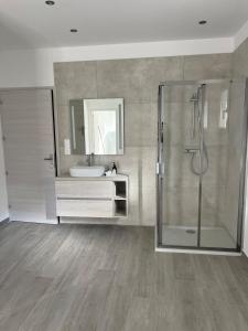 Un baño con ducha, lavabo y espejo. en Cala di mare, en Saint-Florent 47 fotos más