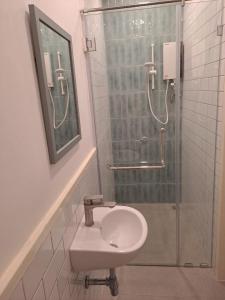 a bathroom with a shower with a toilet and a sink at Georgetown vintage garden 5pax 2BR Homestay in George Town