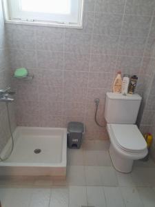 a bathroom with a toilet and a bath tub at Angelinas view in Mesimvría +12 photos