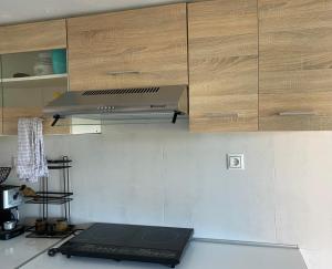 una cucina con piano cottura e armadietti in legno di Le petit Thalia a Mesochórion