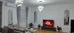 a living room with a couch and a fireplace at Bulevar Mostar Old Bridge in Mostar