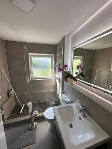a bathroom with a sink and a toilet and a mirror at Renovated Flat - Prime Location Near Marienplatz in Stuttgart +6 photos