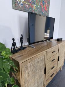 TV en la parte superior de una cómoda de madera en Maison aux portes des garrigues, en Nimes