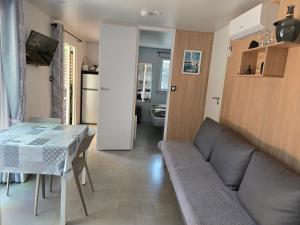 a living room with a couch and a table at Mobil home 3 ch 6 pers Camping Mayotte in Biscarrosse