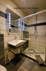 a bathroom with a sink and a mirror at Leuchtfeuer in Wendtorf +14 photos