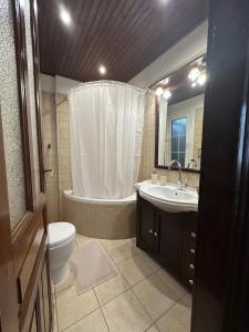 a bathroom with a toilet and a sink and a tub at Borel apartment in Volos +36 photos