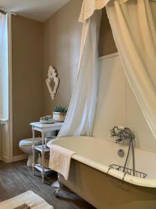 a bathroom with a bathtub with a shower curtain at Maison d'Hôtes Martineau in Saint-Symphorien