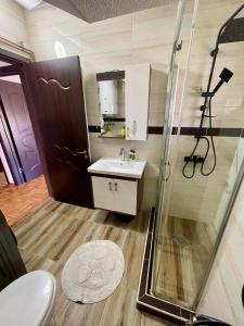 a bathroom with a shower and a sink and a toilet at MyHOME Apartment in Struga