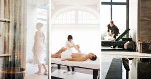 three images of a woman getting a massage at Manoir de Lébioles in Spa