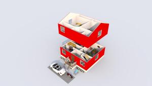 an isometric view of a house with a red arrow at Traditional wooden house at the lake in Jokkmokk