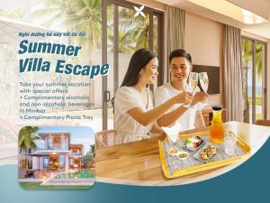 a flyer for a villa escape with a couple drinking champagne at IXORA Ho Tram By Fusion in Ho Tram