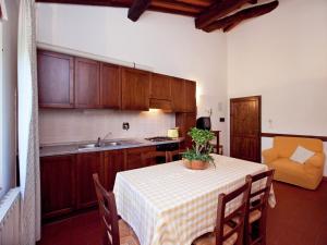 kuchnia ze stołem z doniczką w obiekcie Pleasant Apartment with Swimming Pool,Garden,BBQ, Parking w mieście Lucolena in Chianti
