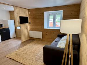 un soggiorno con un divano e una lampada di Appartement ambiance chalet avec vidéo-projecteur a Morez