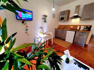 una cucina con tavolo e TV a parete di Le Erquy - Proche gare et centre. a Saint-Brieuc