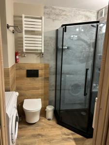 a bathroom with a toilet and a glass shower at Apartament dwupokojowy z ogrodem in Poznań