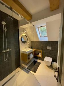 ein Badezimmer mit Dusche, Waschbecken und Toilette in der Unterkunft Pensiunea Carmen 1927 in Moieciu de Jos