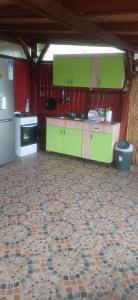 a kitchen with green cabinets and a tile floor at Casa Ștefania in Pescari