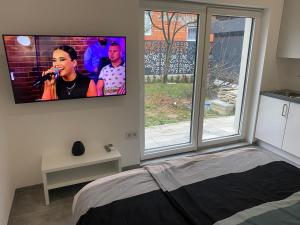 a tv on a wall with a woman singing into a microphone at Villa Aldina Apartment 2 in Bihać