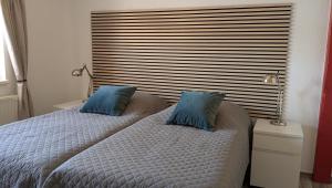 a bedroom with two twin beds with blue pillows at Lederkappe Apartments in Mühlhausen