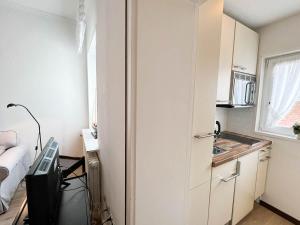 Una pequeña cocina con fregadero y microondas. en Haus Friesland - Wohnung 5, en Westerland 12 fotos más