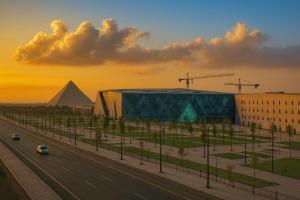 a building next to a highway with a building and the pyramid at Arkan Egyptian Museum Hotel in Cairo