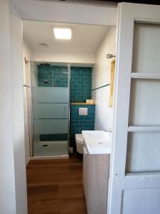 łazienka z umywalką, prysznicem i toaletą w obiekcie Gîte L'Encantada w mieście Vic-Fezensac