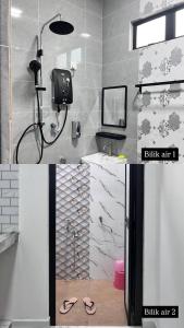 a bathroom with a sink and a shower with sandals at KafHa Homestay in Kuala Terengganu