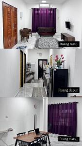 two pictures of a living room and a kitchen with a table at KafHa Homestay in Kuala Terengganu
