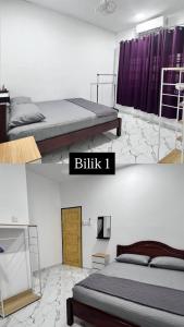 a bedroom with two beds with purple curtains at KafHa Homestay in Kuala Terengganu