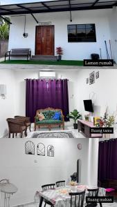 a living room with a couch and a purple curtain at KafHa Homestay in Kuala Terengganu