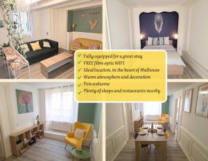 a collage of three pictures of a room at La Bohème - Idéal familles, hyper centre in Mulhouse