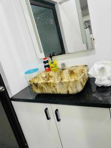 a bathroom with a stone sink on a counter at Navo Home Stay in Nadi