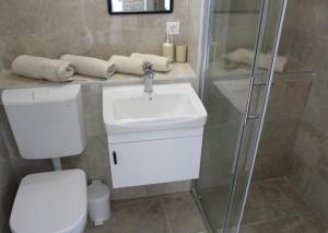 a bathroom with a toilet and a sink and a shower at Horizont view apartment in Pula