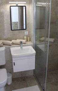 a bathroom with a sink and a glass shower at Horizont view apartment in Pula
