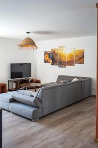 a living room with a couch and a tv at Renovated apartment with terrace for 14 people in Saint-Jean-de-Maurienne