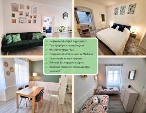 a collage of photos of a bedroom and a living room at Urban Green Spirit - Centre historique, familial in Mulhouse