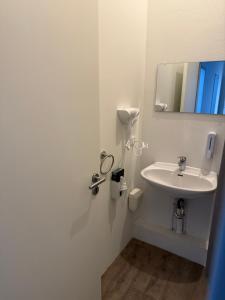 a bathroom with a sink and a mirror at Aparthotel Emilia in Bargteheide +32 photos