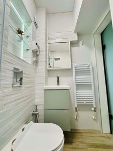 a small bathroom with a toilet and a sink at Unique flat with balcony in the heart of the city in Kyustendil