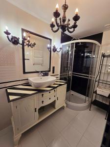 a bathroom with a sink and a mirror and a shower at Apartamenty Boszkowo Wczasowa in Boszkowo +24 photos