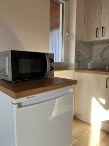 a microwave sitting on top of a counter in a kitchen at Przystań BAJKA domek dolny in Wawrowice +15 photos