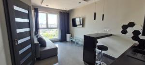 un soggiorno con una porta nera e una finestra di City Stay Apartament a Warszawa