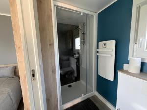 ein Bad mit einer Glasdusche im Zimmer in der Unterkunft Les petites maisons dans la monterie - Le Jardin - in Saint Lo