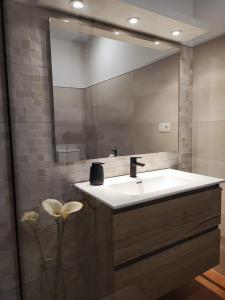 ein Badezimmer mit Waschbecken und großem Spiegel in der Unterkunft Casa Eck San Jose in San José