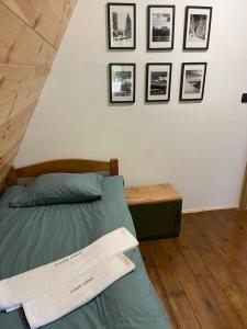 a bedroom with a bed and framed pictures on the wall at Alpine Lodge in Žabljak +23 photos