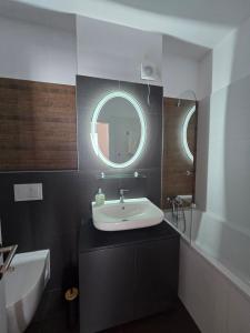 a bathroom with a sink and a mirror at The Mustard Loft in Dumbrăviţa